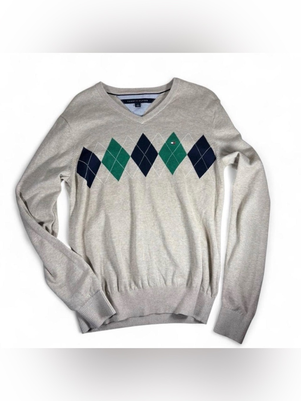 Tommy Hilfiger Beige V-Neck Argyle Sweater with Navy & Green